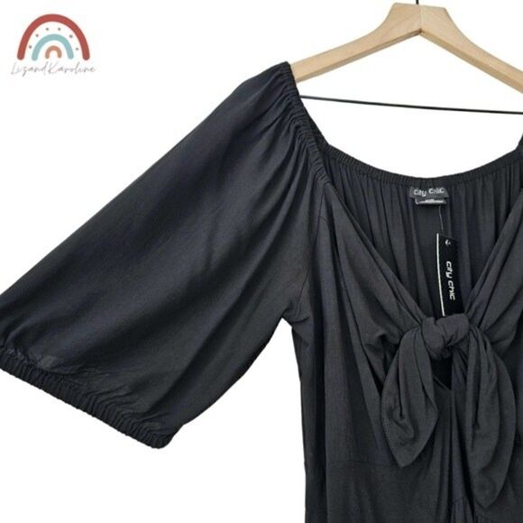 New! City Chic Villa Capri Peasant Peekaboo Tie Front Puff Sleeve Maxi Dress - Picture 5 of 11